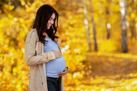 Gorgeous pregnant woman hugging her belly while walking at autumn park on beautiful sunny dayの写真素材