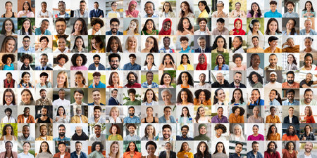 Diverse group of people smiling and expressing happiness in a vibrant collage