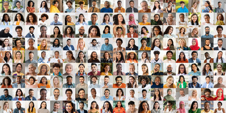 Diverse group of people smiling in a portrait collage celebrating happiness
