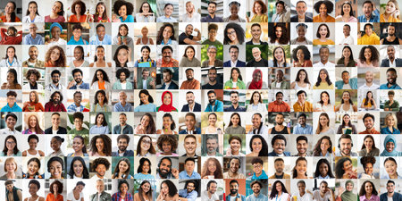 Diverse group of happy individuals celebrating together in a vibrant collage