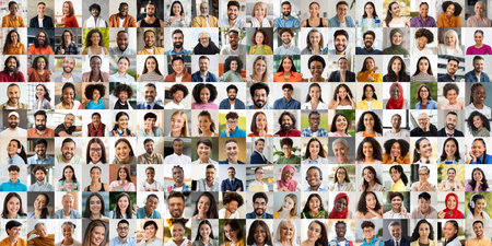 Diverse collection of happy faces showcasing multiethnic happinessの写真素材