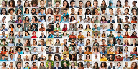 Diverse collection of happy faces celebrating multiethnic lifestyle moments