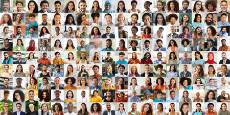 Diverse group of happy people showcasing joyful expressions in a vibrant collage