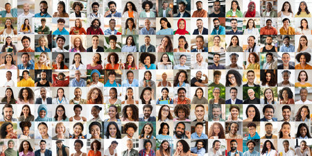 Diverse collection of happy faces showcasing unity in lifestyle and cultureの写真素材