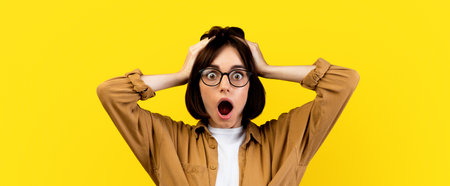 Unbelievable news. Shocked woman touching her head in shock over yellow studio background.
