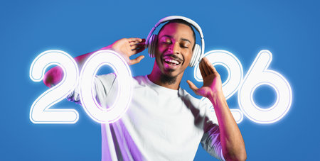 Man Enjoying Music With Neon Numbers in Vibrant Background at a Lively Event