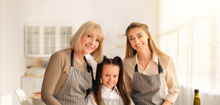 Portrait of multigenerational family with cute girl, her mom and granny posing in kitchen, smiling...