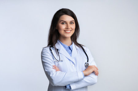 Cheerful doctor standing crossing hands in studioの写真素材