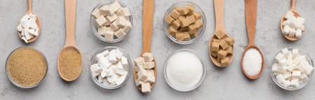 Collection of different kinds of sugar on gray background