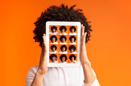 Concept of man choosing expression of faceの写真素材