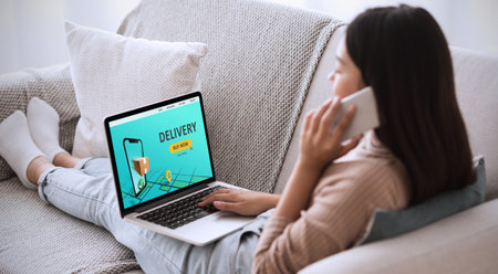 Online delivery service. Asian girl with laptop shopping via internet on sofa at home, collage....