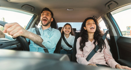 Excited european family of three riding car and singing, parents and daughter enjoying auto ride...