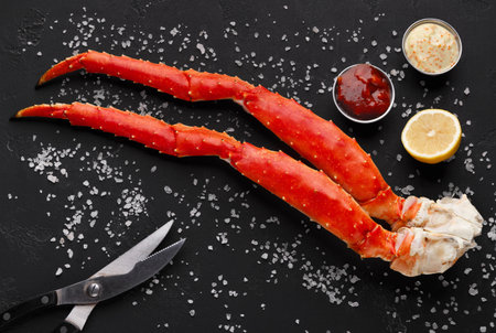 Delicious king crab legs with eating tools top view