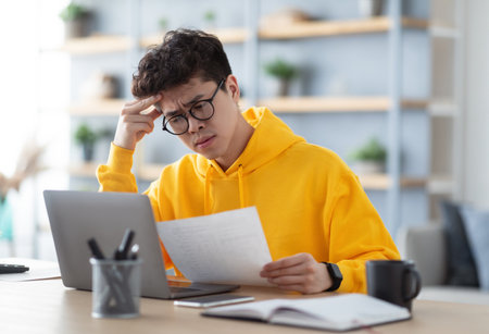 Man holding paper reading report working on pc at home