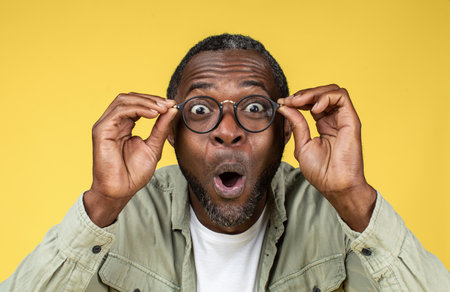 Surprised happy funny excited mature black male in casual and glasses with open mouth look at cameraの写真素材