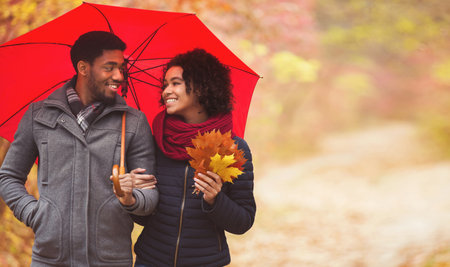 Young couple walking under umbrella at rainy autumn dayの写真素材