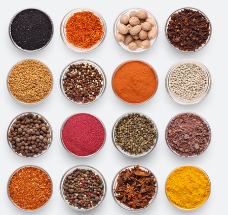 Collection of different spices on white backgroundの写真素材