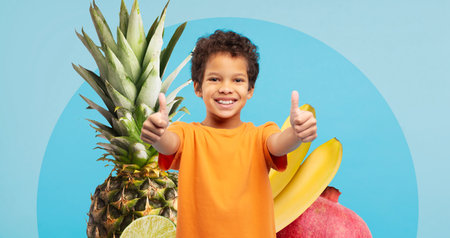 Cheerful Boy Giving Thumbs up With Fruits in Blue Backdrop for Fun Diet Collage Generative AIの写真素材