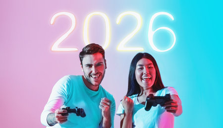 Exciting Gaming Moments Shared Between a Man and Woman in Neon Background