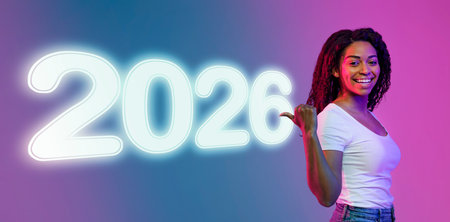 Happy Black Woman Indicating Space for 2026 Advertisement in Vibrant Neon Lights
