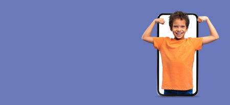 Child Flexing Muscles in a Collage With a Telephone Background Displaying Confidence and Joy