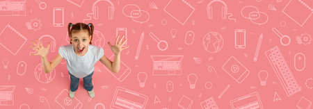 Collage of a Happy Child in School Environment With Colorful Background Elementsの写真素材