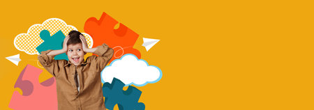 Child Enjoying Creative Collage Activity in Colorful School Setting With Puzzle Piecesの写真素材