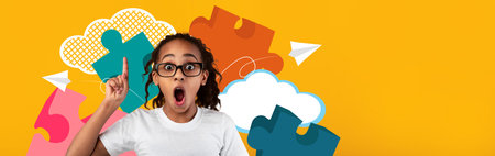 Creative Collage of a Surprised Child Expressing Excitement in a School Settingの写真素材