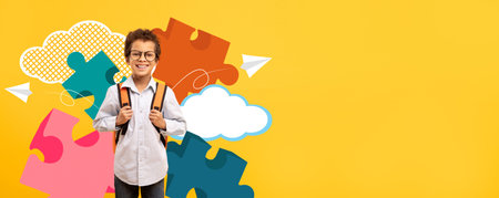 Bright and Cheerful Child With a Backpack Surrounded by Colorful Puzzle Pieces at Schoolの写真素材