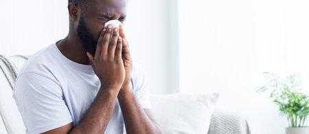 Man Experiencing Emotional Distress While Sitting on a Couch Indoors During the Daytimeの写真素材