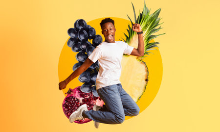 Young African Man Joyfully Jumping on a Vibrant Yellow Background Celebrating Victory Generative AIの写真素材