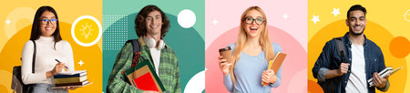 Collage of Cheerful Students Holding Books and Supplies in Colorful Backgrounds