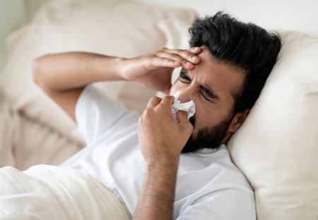 Sick Indian Man Blowing Runny Nose In Napkin While Lying In Bed