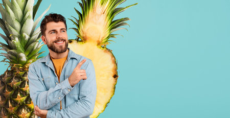 Confident Young Man Points to Advertising Banner on Blue Background With Pineapple Generative AIの写真素材