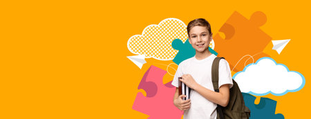 Collage of a Child Ready for School With Colorful Elements in the Background