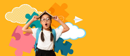 Excited Child in School Attire Holding a Book on Head With Colorful Backgroundの写真素材