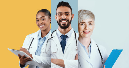 Diverse Group of Doctors Smiling in Professional Attire in a Medical Setting Generative AIの写真素材