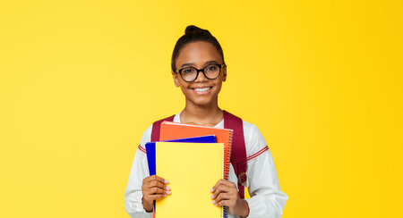 Smiling smart teenage afro american female pupil in glasses with backpack hold many books, notebooks, looking at cameraの写真素材