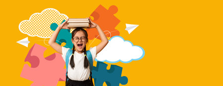 Bright and Cheerful Child Celebrating School Success With Books and Creativity