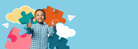 Child Smiles and Shows Thumbs up in a Fun School Collage Background With Puzzles and Cloudsの写真素材