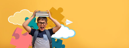 Collage of a Cheerful Child Holding Books on His Head in a Colorful School-Themed Setting
