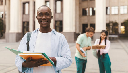 Loans for education concept. Portrait of african american male student posing near university buildingの写真素材