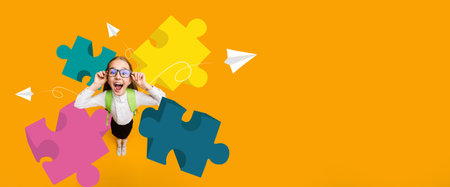 Creative Child Enjoying Puzzle Playtime in a Vibrant School Settingの写真素材