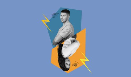 Collage Featuring Dynamic Portrait of Two Individuals With Bright Colorful Backgroundsの写真素材