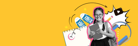 Collage of a Happy Student Holding a Tablet With Colorful Background and Fun Design Elements