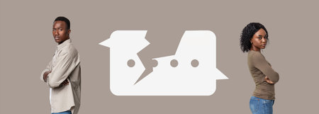 Couple Standing Back to Back With a Broken Heart Symbol in a Modern Collage Settingの写真素材