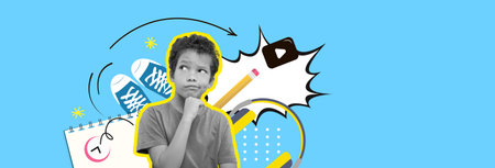 Creative Collage Showcasing a Thoughtful Boy Considering Ideas and Activities