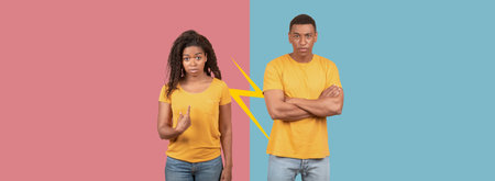 Two Individuals Stand Divided by a Colorful Background, Showing Contrasting Emotions