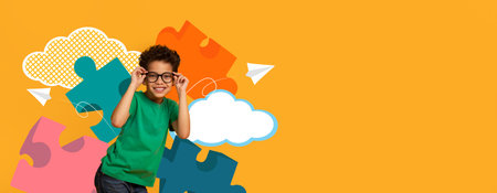 Creative Collage of a Cheerful Child Engaged in School Activities With Colorful Puzzle Pieces