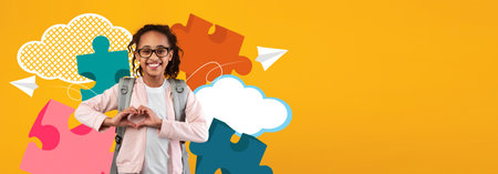Child Smiling and Showing Heart Gesture in School Collage With Colorful Background